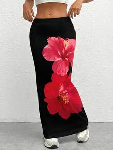 SHEIN EZwear Chân váy dài dệt kim in hoa dành cho nữ, thích hợp cho kỳ nghỉ và mùa hè. - Nhiều màu - Xem 3