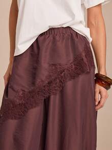女士优雅蕾丝拼接灯笼裤，波西米亚风，柔软百搭，适合通勤、办公、户外、海滩、春季穿着。 - 棕色 - 查看 4