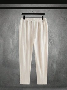 HIMLAND Men's Blue Button-Down Short Sleeve Shirt And White Side Pocket Casual Pants Set Men Casual Top And Bottom Set Men Navy Blue 2 Piece Set Men 2 Piece Set Linen Men Set Men Summer Pants Set - Apricot - View 5