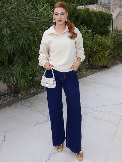 Gretanique Women's Loose Fit Letter Embroidered Turndown Collar Long Sleeve Sweatshirt,Long Sleeve Tops,Fall Women Clothes,Thermal Lined