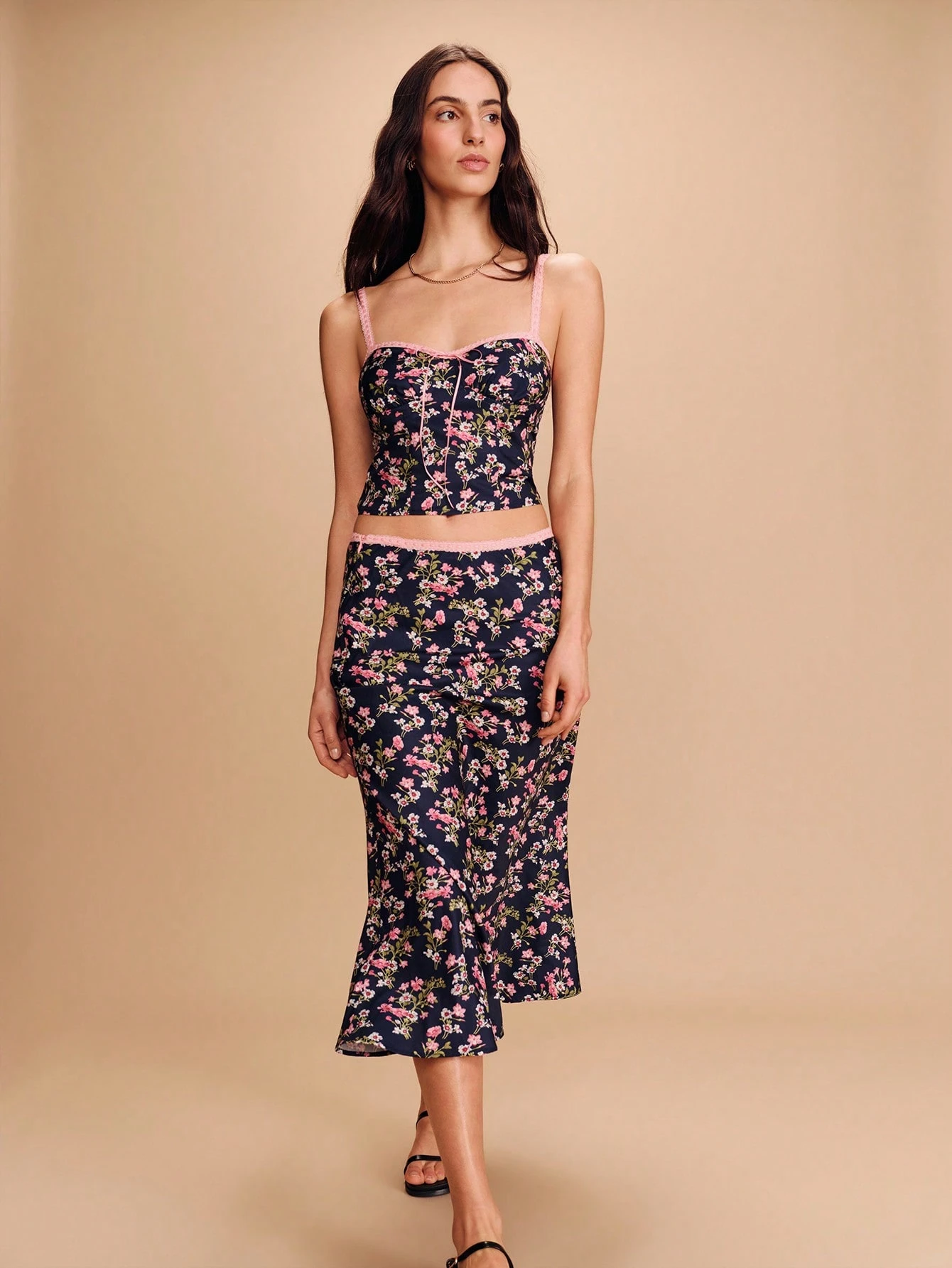 Floral Print Spring Summer Vintage Midi Skirt With Pink Lace Waistband Detail Spring Summer Style French Style Parisian Style Resort For Women Floral Two Piece Vacation Woman Skirt Midi Skirt Two Piece Summer Skirt Two Piece Skirt