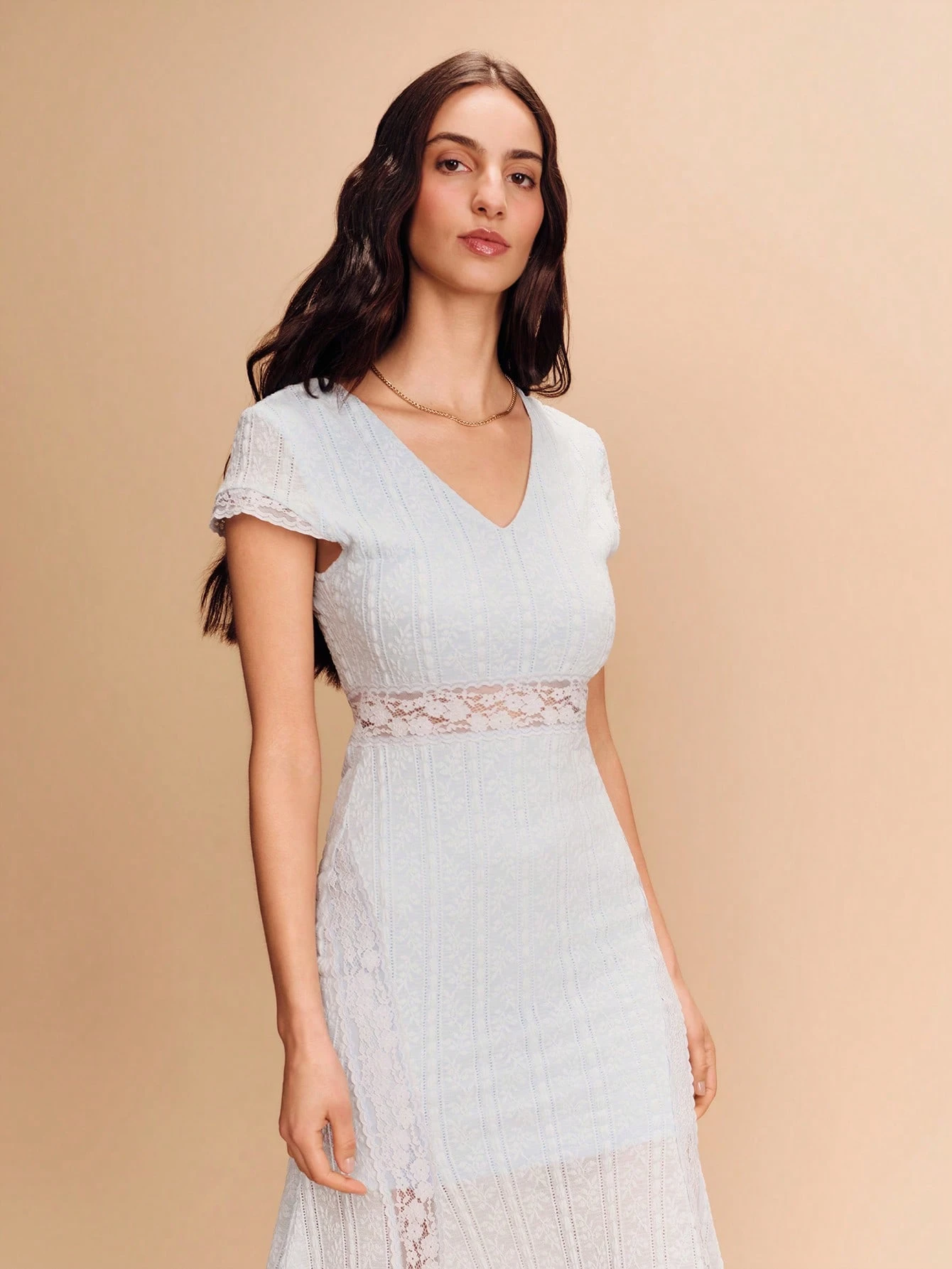 Blue Textured Knit V Neck Midi Dress With Lace Insert Details Spring Summer Chic Spring Summer Vacation French Style Parisian Style Wedding Guest Dress