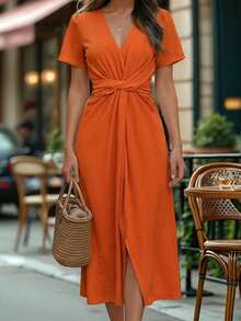Balvessa Women's V-Neck Waist Tie Midi Dress For Commuting - Burnt Orange - View 3