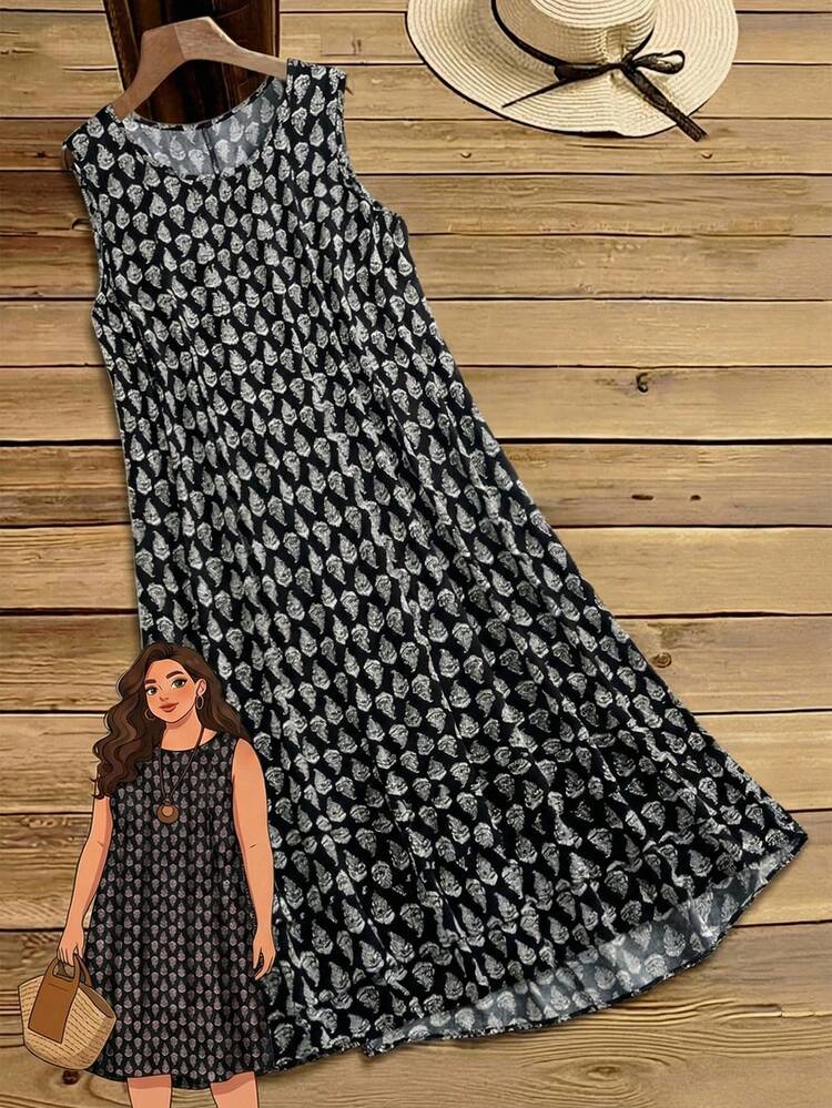 Plus Size Women Summer Casual Vacation Allover Print Sleeveless Loose Dress Summer Dress  Summer Outfits Summer Clothes Spring Dress Spring Outfit Women Spring Clothing Country Style For Women Country Dress For Women Vacation Outfits Women