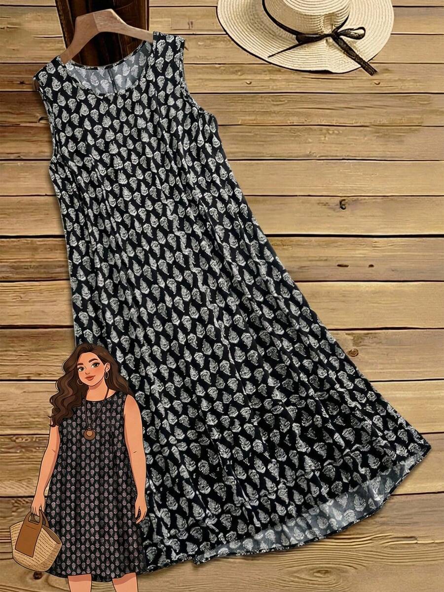 EMERY ROSE 大码女式夏季休闲度假印花无袖宽松连衣裙 - 黑色 - 查看 1