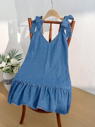 Comfortcana Women's Summer Casual Ruffled Hem Shoulder Tie Denim Dress Summer Dress Summer Outfits For Women  Spring Dress Women Easter Dress Women Festival Outfits For Women Party Dresses For Women Beach Dresses Beach Dresses For Women  Graduation Dresses Elegant Dress Women Casual Dresses For Women Summer Holiday Outfits Vacation Dresses Beach Vacation Outfits For Women Women's Denim Dress With Tie Shoulder Straps And Ruffled Hem In Blue Loose Fit