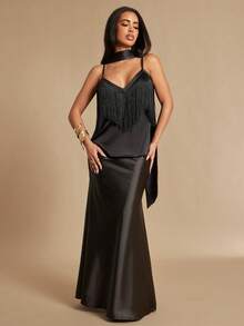Silquee Party Ready Black Plain Cami Top Women Woven Fabric Regular Length Fringe Detailed Spaghetti Strap - Black - View 4