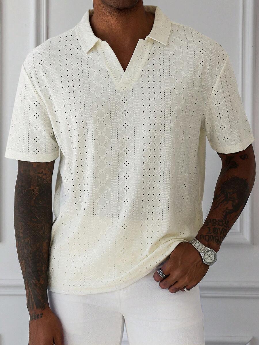 Manfinity CasualCool 男士大尺碼短袖白色紋理 Polo 衫,夏季休閒鉤編蕾絲網眼襯衫,適合度假、海灘、老錢風,婚禮與派對禮物 - 米色 - 查看 1