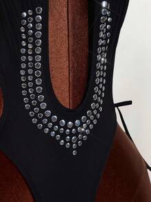 Amplova 女士亮片连体泳衣，性感前卫亮片设计，适合音乐节，侧边系带，腰部和背部镂空，可爱俏皮风格，带钢圈罩杯 - 黑色 - 查看 8