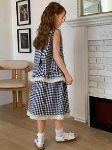 DAZY Tween Girl Plaid Button-Up Sleeveless Shirt And Mini Skirt Casual Set - Black and White - View 2