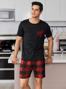 Snug Zone Conjunto de pijama de 2 piezas de manga corta con estampado a cuadros para hombres - Negro - Ver 3