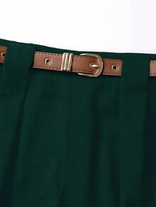 SHEIN Tall CURVE Pantaloni drepți, plisați minimalisti, pentru femei, mărime plus, din seria TALL, pentru naveta - Verde inchis - Vizualizare 4