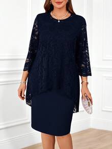 Miaspire 加大码女式圆领长袖蕾丝拼接弧形下摆双层优雅派对红色新年连衣裙、女士冬装、情人节 - 藏蓝色 - 查看 3