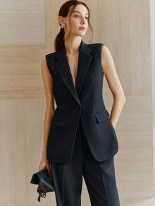 Anewsta 都市时尚复古休闲海军蓝无袖西装外套+高腰飘逸长款西装裤女士套装 - 藏蓝色 - 查看 5