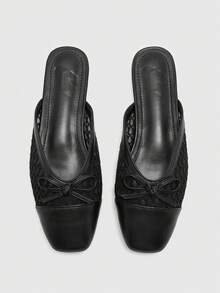 CUCCOO BIZCHIC 女士法式平底拖鞋，夏季百搭新款蝴蝶结编织闭趾穆勒鞋 - 黑色 - 查看 2