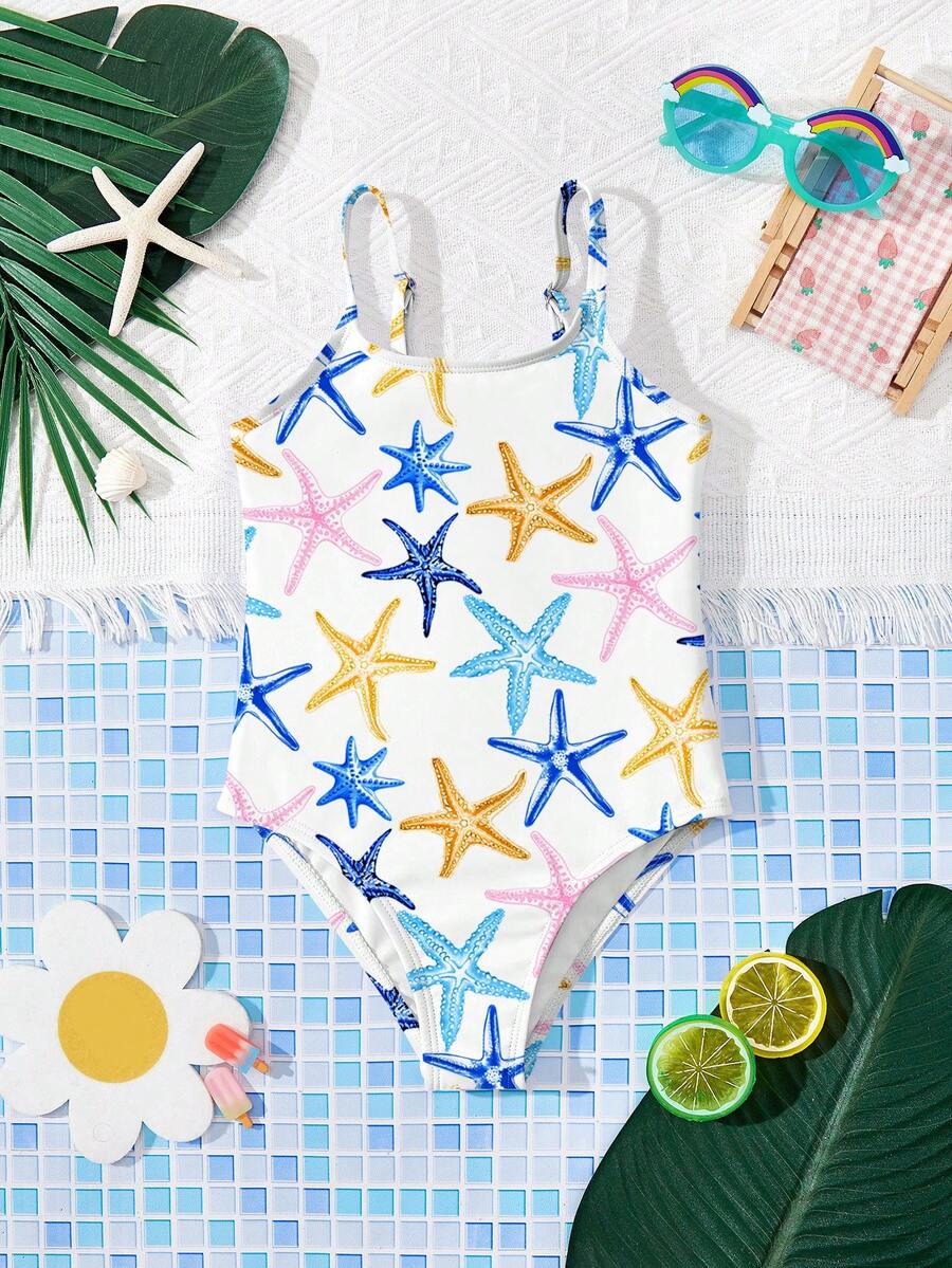 SHEIN Bộ đồ bơi liền thân in hình sao biển nhiều màu sắc dễ thương, phong cách nghỉ dưỡng tối giản thoải mái cho các bé gái, phù hợp cho kỳ nghỉ hè thư giãn, #Coconutgirl - Nhiều màu - Xem 1