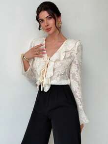 Firerie Blouse évasée à manches évasées avec col Mao, garniture à volants et texture jacquard pour femmes, style vintage élégant, couleur abricot - Nude - Voir 3
