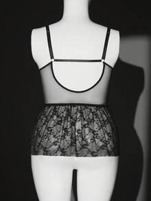 SHEIN Lencería sexy de encaje transparente con lazo y espalda descubierta para mujer de talla grande - Negro - Ver 2