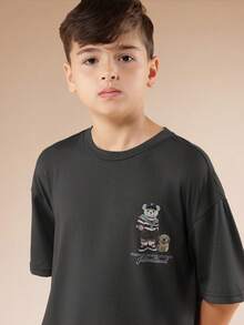 SUMWON Boys Casual Embroidered Bear Character Graphic Short Sleeve T-Shirt And Cargo Shorts Set Summer Outfit - Dark Grey - View 6