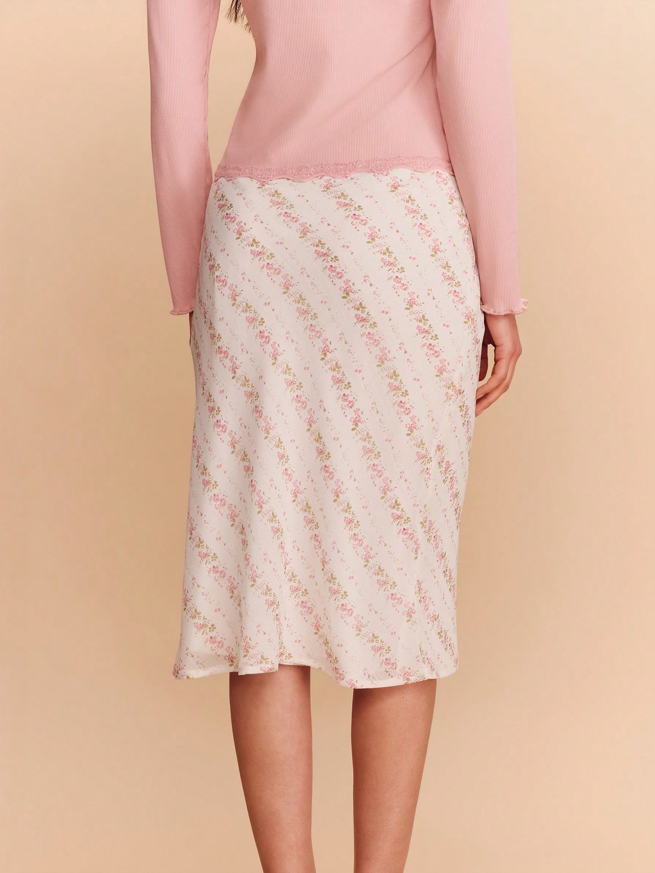 Flowy High-Waisted Midi Skirt With Pink Floral Stripe Pattern Office Business Casual Skirt Spring Summer French Style Parisian Style Spring Satin Skirt