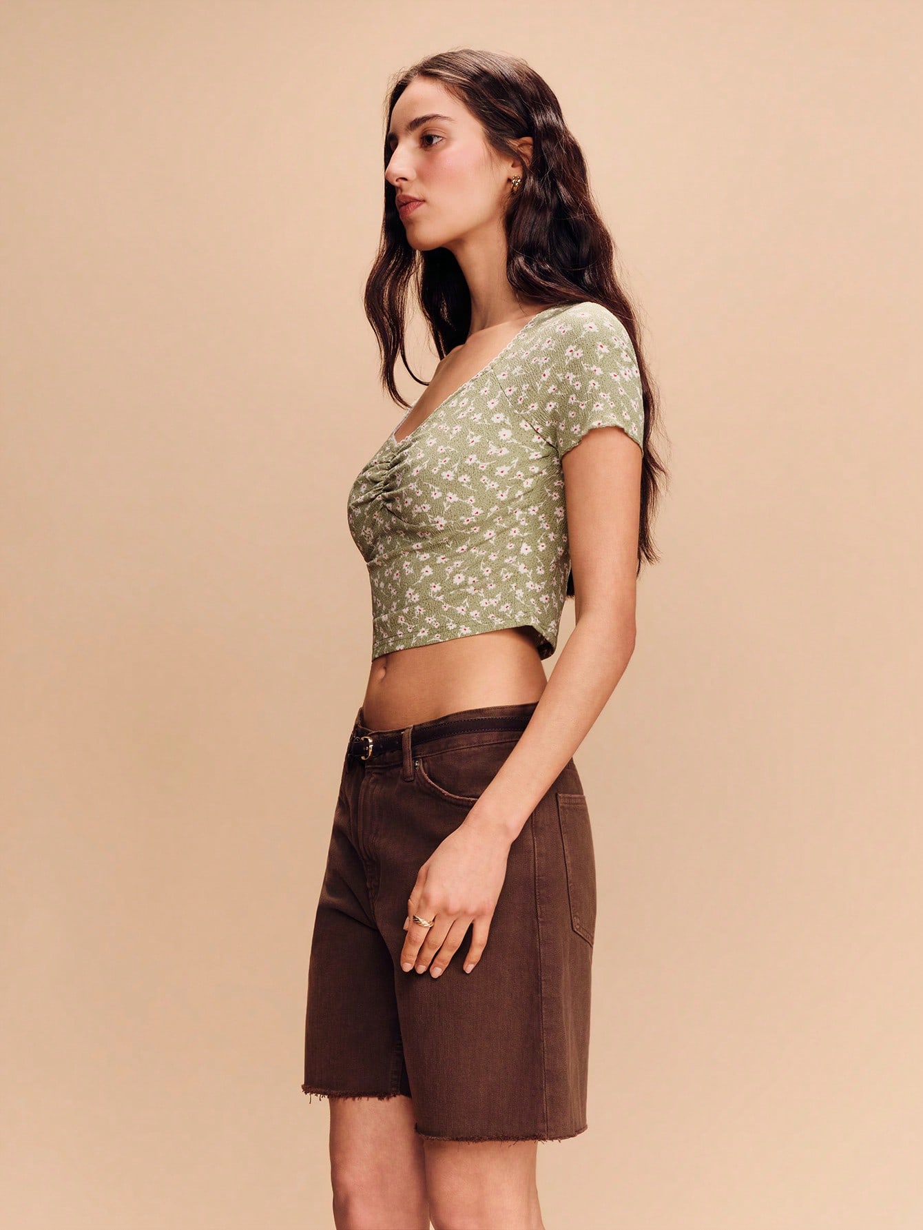 Women's Summer Casual Vacation Ditsy Floral Ruched Chest Fitted Cropped T-Shirt Mint Green Top Spring Summer Vacation French Style Parisian Style