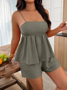 Weeklong Plus Size Solid Color Camisole And Shorts Casual 2 Pieces Set - Green - View 5