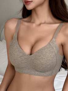 DAZY Adjustable Strap Lightly Padded Ribbed Fabric Bra, English Graphic, Suitable For Spring & Summer Lingerie For Women - Khaki - View 3