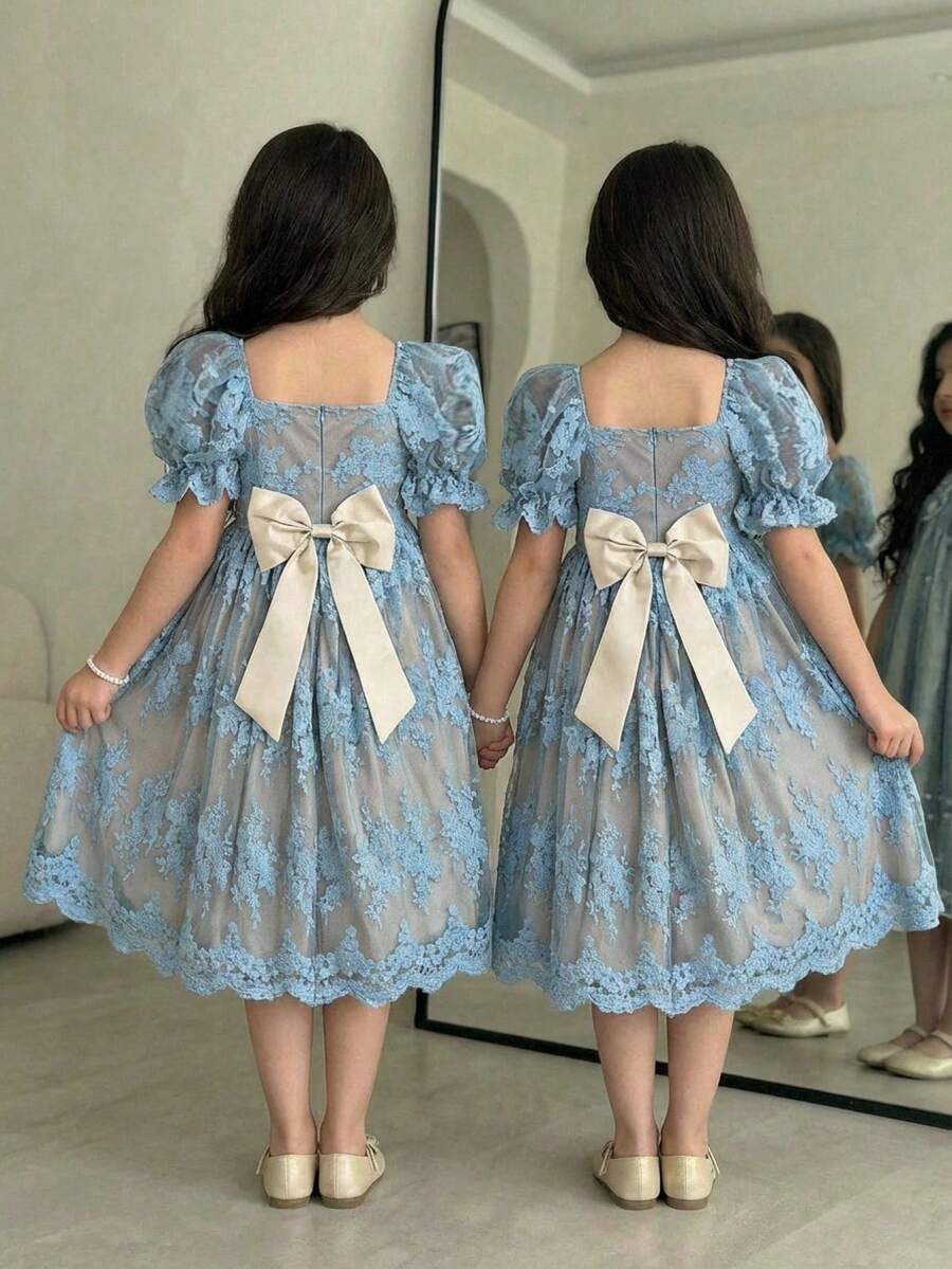 少女優雅方領花瓣袖蕾絲布料洋裝 - 藍色 - 查看 1