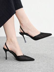CUCCOO BIZCHIC 女士尖头黑色网眼格纹日常通勤约会鞋，时尚服饰，细高跟绑带高跟凉鞋 - 黑色 - 查看 1