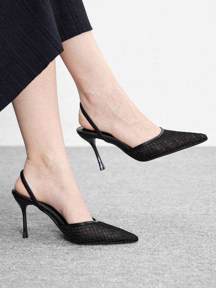 CUCCOO BIZCHIC 女士尖头黑色网眼格纹日常通勤约会鞋,时尚服饰,细高跟绑带高跟凉鞋 - 黑色 - 查看 1
