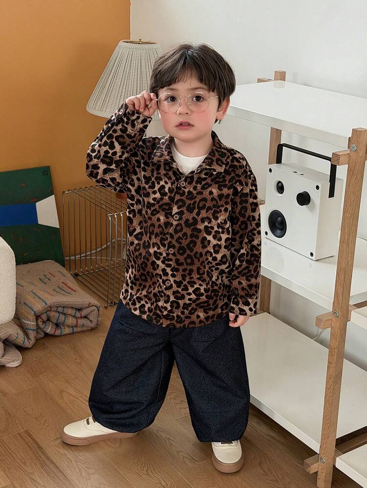 Toddler Boys' Leopard Print Turndown Collar Long Sleeve Top