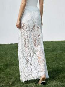 Ontre 2026春夏新款蕾丝面料女士A字裙，浪漫约会装扮，镂空设计，宽松版型，优雅简约时尚百搭白色半身裙 - 白色 - 查看 4