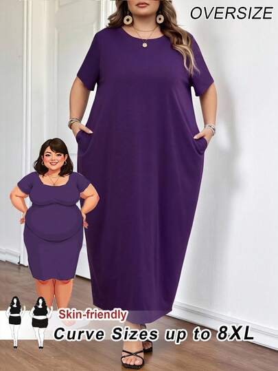SHEIN CURVE+ Plus Size Solid Color Round Neck Short Sleeve Pocket Casual Long Dress