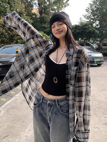 DAZY 女士格子落肩长袖单排扣休闲衬衫 - 藏蓝色 - 查看 5