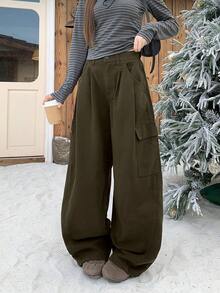 DAZY Jeans anchos y acampanados de unicolor y holgados para mujer - Verde militar - Ver 5