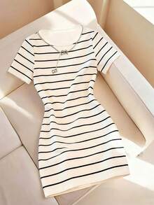 Resyla Women's Spring/Summer New Arrival Striped Print Fitted Casual Short Sleeve Dress - Multicolor - View 1