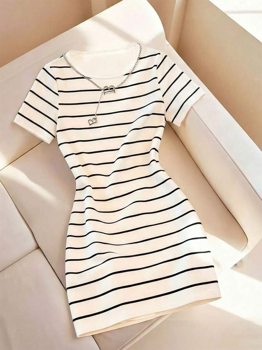 Resyla Women's Spring/Summer New Arrival Striped Print Fitted Casual Short Sleeve Dress - Multicolor - View 1