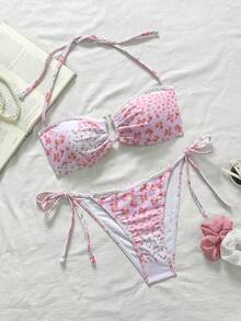 Swim Mod Women's Pink Bikini Set,2-Piece Summer Tropical Beach Holiday Outfit,Sweet Rose Floral Print Spaghetti Strap Bandeau Bikini,Vacation Daily Wear - Pink - View 1