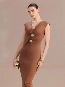 Uhlyne Vestido ajustado de mujer con hebilla de metal minimalista - Café - Ver 5