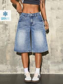 SHEIN ICON Quần short denim ống rộng giặt thường ngày cho nữ - Màu xanh lam - Xem 1