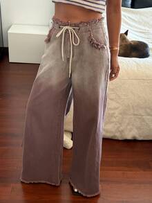 Livesso Frayed Ombre Lace-Up Casual Women Jeans - Brown - View 5