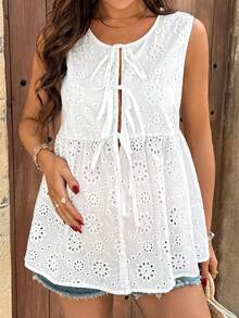 SHEIN Maternity Solid Color Round Neck Hollow Embroidery Knotted Casual Sleeveless Blouse, Summer For Women, Spring Women , Spring Breaks - White - View 4