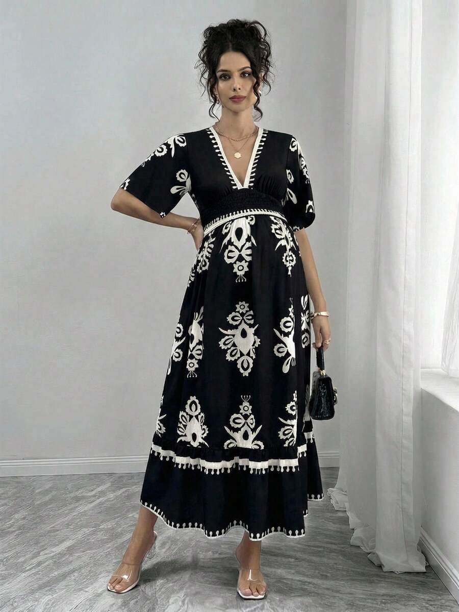 Momance Elegant Maternity V-Neck Short Sleeve Allover Print Dress For Summer - Black - View 1