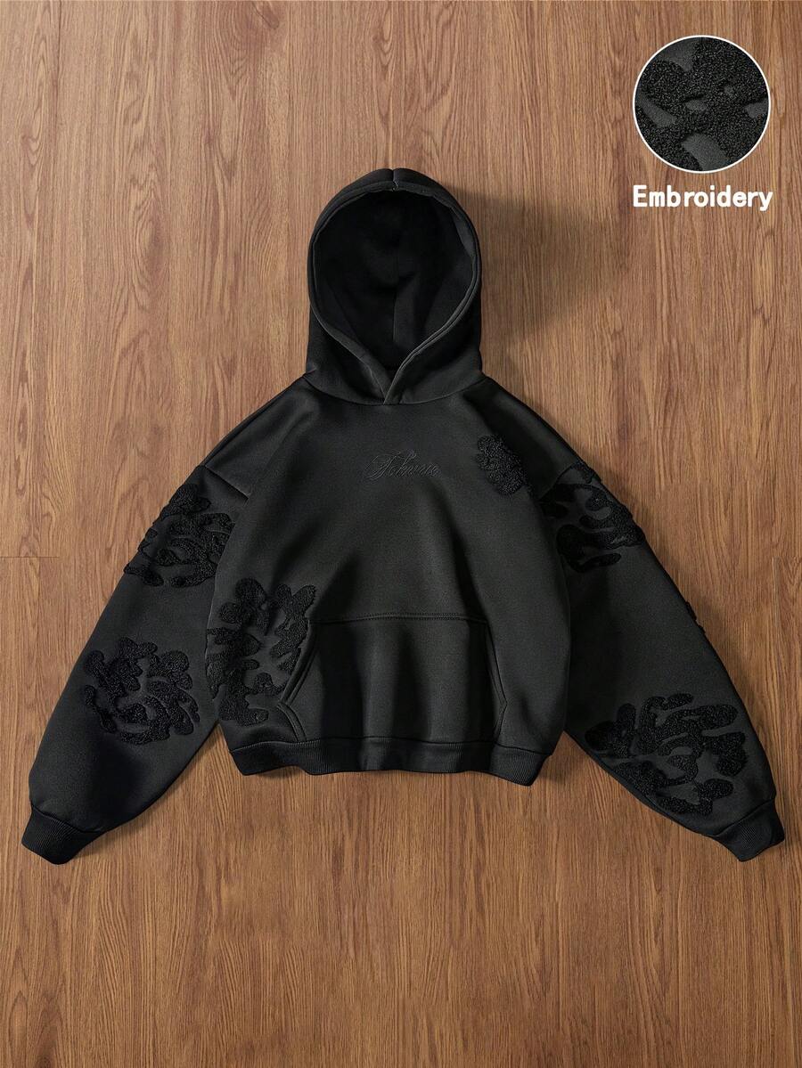 Men's Street-Style Popular INS Matching Tokvue Full Embroidery Hoodie, Daily Wear, Boyfriend/Husband Gift, Anniversary Gift, Black L - Black - View 1