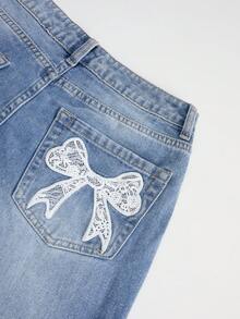 GlowEve Women's Casual Belted Wide-Leg Bowknot Jeans - Blue - View 5