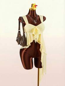 Amplova Romantic Boho Style Asymmetrical Mesh Hem Women Tank Top - Pale Yellow - View 1