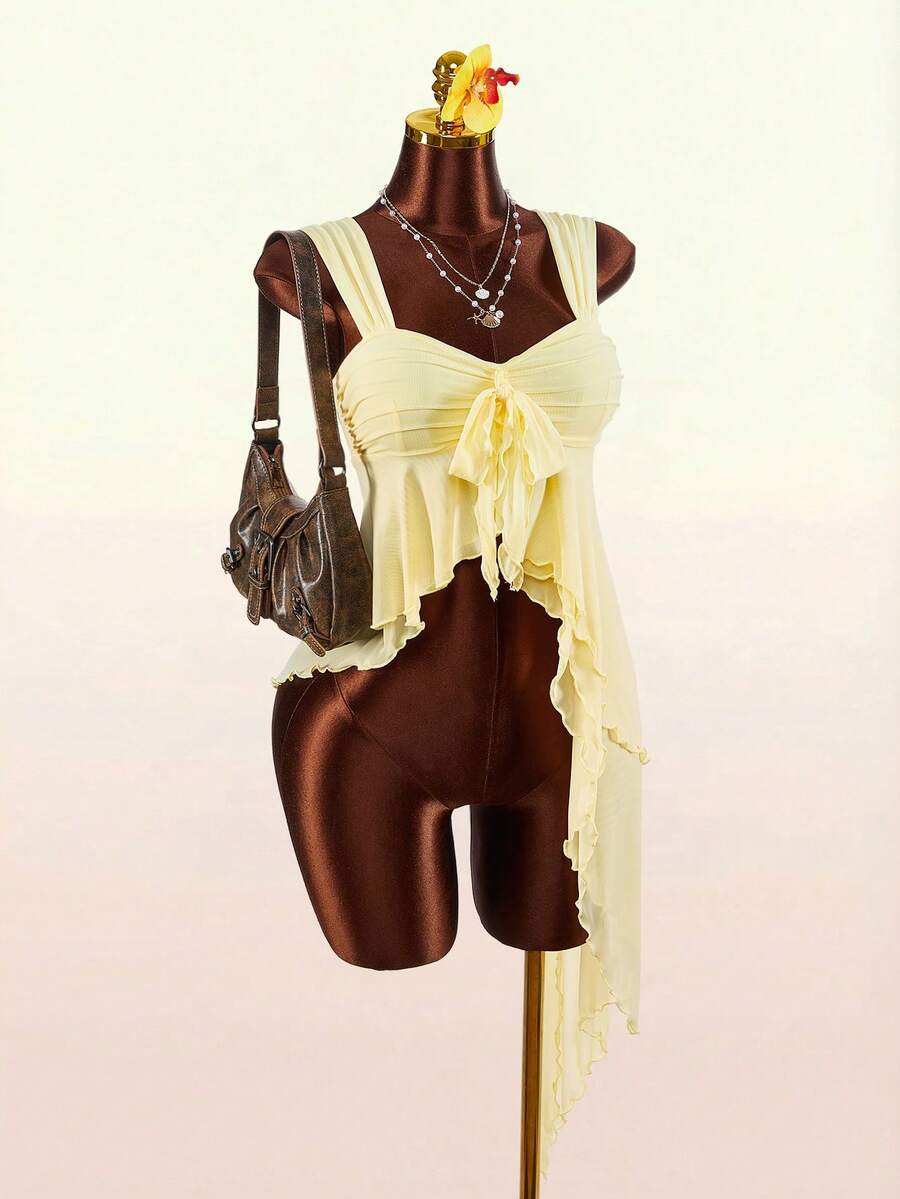 Amplova Romantic Boho Style Asymmetrical Mesh Hem Women Tank Top - Pale Yellow - View 1