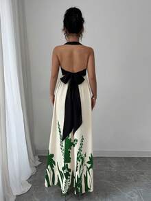 Rafferiza 女士夏季波西米亚风度假露背吊带蝴蝶结撞色喇叭下摆纯色印花图案长裙 - 墨綠色 - 查看 2