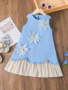 SHEIN Elladie kids Young Girl 3D Pearl Flower Mesh Asymmetrical Hem Elegant Dress, Spring/Summer - Blue - View 3