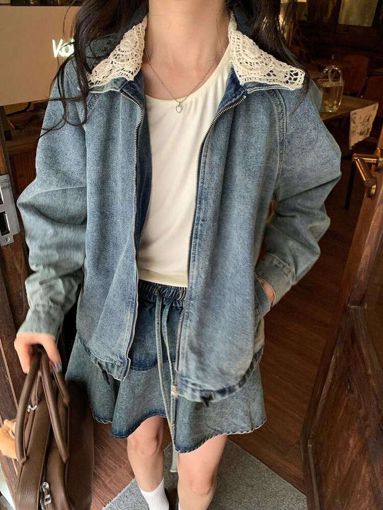 Women's Lace Washed Korean Style Long Sleeve Jacket And Ruffle Hem Denim Skirt Set Summer